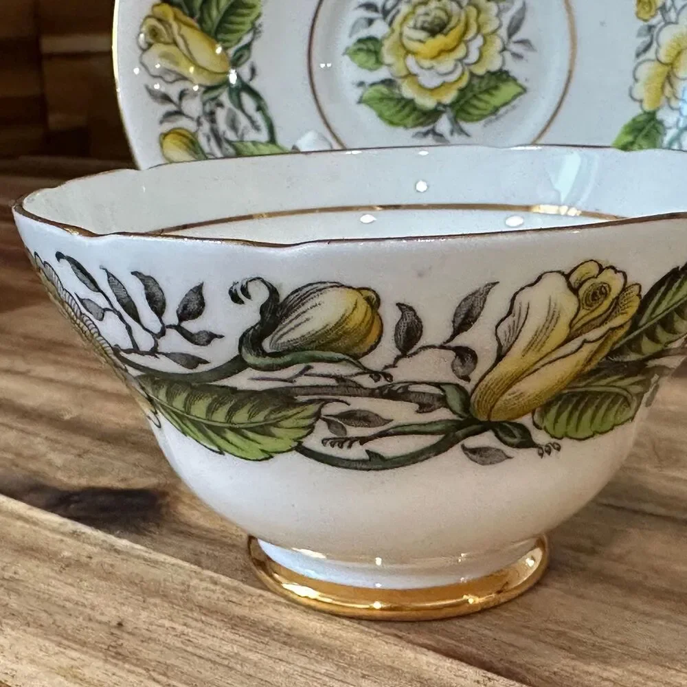 Vtg Stanley English Tea Cup Fine Bone China Yellow & Green Floral